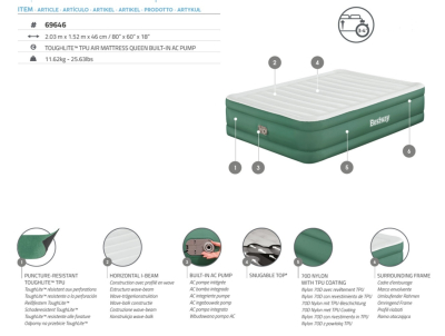 Bestway Toughlite TPU-Doppelluftbett mit integrierter Elektropumpe 203 x 152 x 46 cm