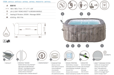Bestway LAY-Z-SPA Energiespar-Whirlpool Rome AirJet mit App-Steuerung, für 6 Personen, 180 x 180 x 71 cm, Marmor-Optik (Braun)