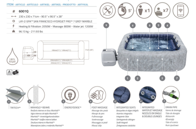 Bestway LAY-Z-SPA Energiespar-Whirlpool San Francisco HydroJet Pro mit App-Steuerung, für 7 Personen 230 x 230 x 71 cm, Marmor-Optik (Samtgrau)
